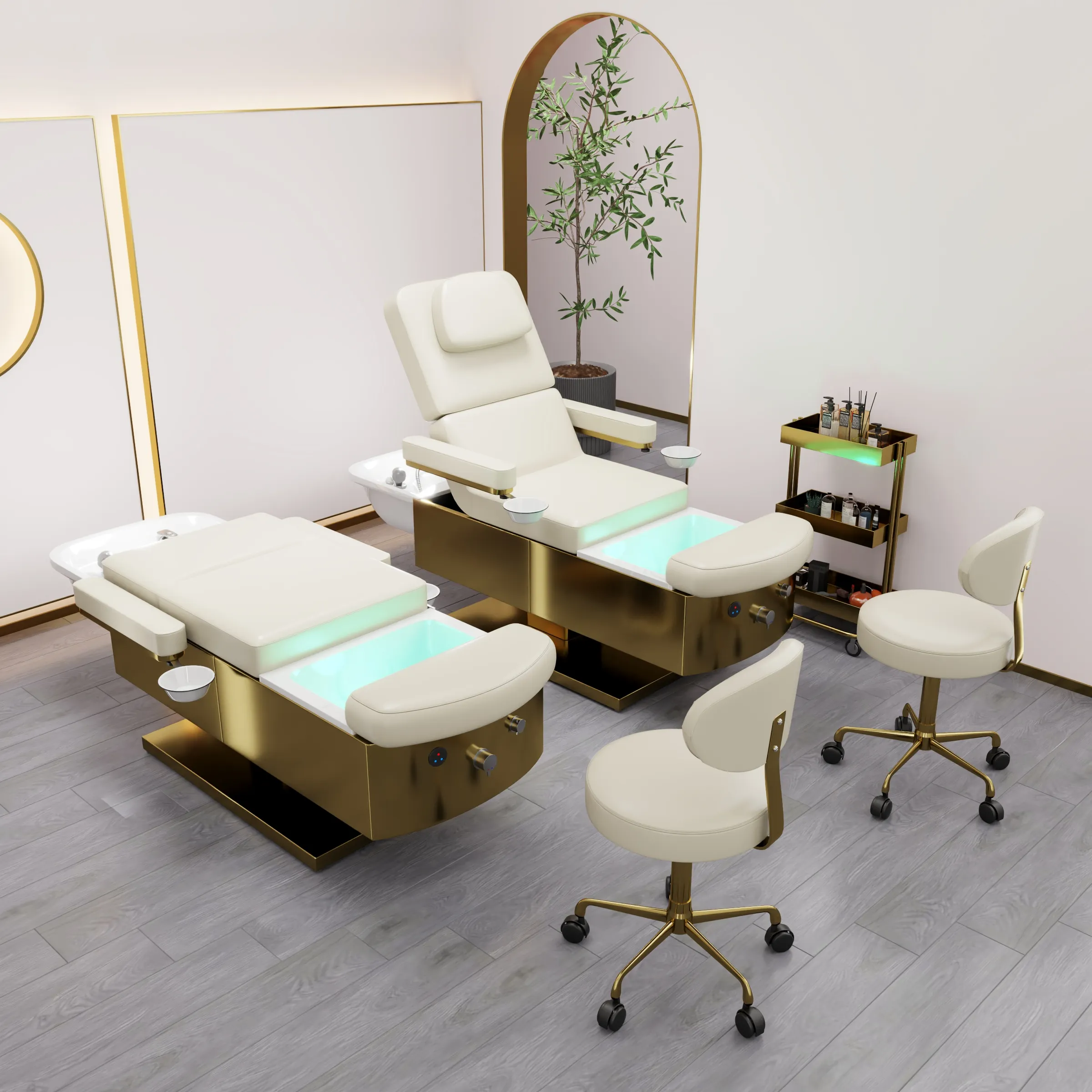 Bacia de spa para couro cabeludo com base dourada e prateada, lavatório de cabeça, shampoo, mesa de massagem e cama de salão de luxo, com massagem, 2024