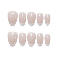 Ongles à presser ultra-fins, transparents comme de la glace, couleur nude, forme amande moyenne-courte, lignes minimalistes pré-dessinées