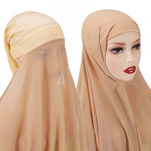 Wholesale Hooded Scarf Set Long Scarf Modal Cotton <strong>Caps</strong> with <strong>Plain</strong> Chiffon Hijabs Stitched Instant Hijabs for Muslim Women - Product Image 5