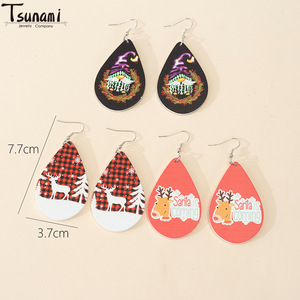 Christmas Wooden Teardrop <b>Drop</b> Earrings Cartoon Print Women's Gift Jewelry - Product Image 2