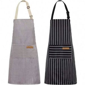 Delantales de Cocina para Chef, Delantal Ajustable con 2 Bolsillos para Hombres y Mujeres (Negro/Marrón a Rayas) - Product Image 2