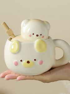 Taza de cerámica de oso acogedor con tapa, pajita y platillo, taza de café con diseño de Animal bonito para mujeres y niñas, regalo para parejas - Product Image 6