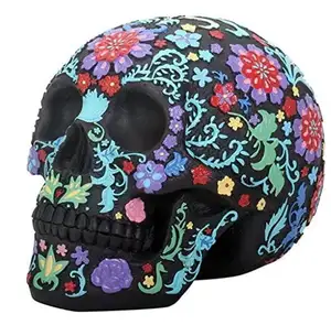 Polyresin Engraved Colored Floral Skull Halloween Black Colorful Figurine