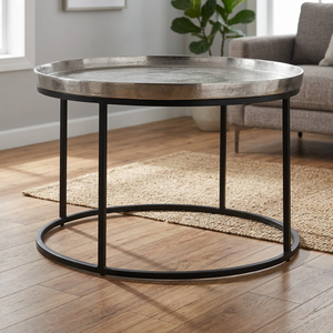 Atractiva Mesa de Centro Redonda Moderna de Metal con Superficie Martillada y Estructura de Hierro, Diseño Industrial, Muebles para Sala de Estar - Product Image 5