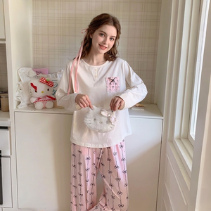 Conjunto de Pijamas Casuales de Algodón de Fibra Larga para Mujer, Suaves, Transpirables, Antibacterianos 10A, Cintura Elástica, Ropa de Dormir para Primavera y Otoño - Product Image 1