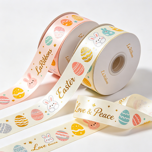 Ruban imprimé Polyester/Coton, ruban gros-grain 1-1/2 pouce, motif géométrique imprimé or, simple face, certifié OEKO-TEX - Product Image 3