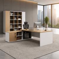 Escritorio de Oficina en Forma de L con Gabinete, Roble Natural Blanco, Conjunto de Escritorio para CEO, Certificado CE, Garantía de 5 Años, OEM Personalizado