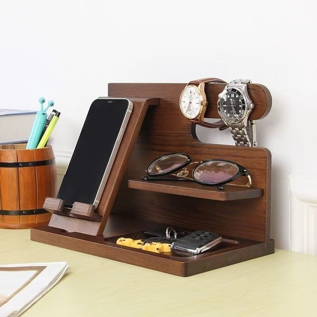 Creative Multifunctional Wood Desk Phone Stand with Charger for iPad Home and Office Watch & Key Organizer Lay-on-Desk Mount