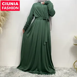 6421# New Fashion Soft Jersey Plain Pleated Long Dress For Women Dubai Middle East Abaya Muslim Dresses Modest Daily Wear