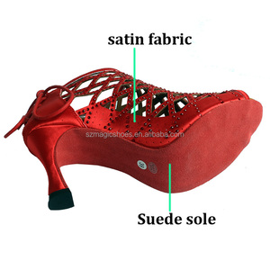 Talons pour femmes coupe creuse talon personnalisé chaussures de danse en satin rouge bottes bottes de danse <span class=keywords><strong>salsa</strong></span> avec perles rouges 9CM - Product Image 4
