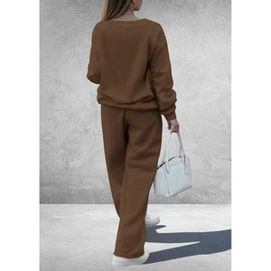 Ensemble de survêtement décontracté en maille pour femme FOXA, col en V, pantalon large, tenue d'automne respirante à manches longues - Product Image 2