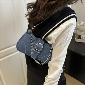 Bolso de hombro y axila de mezclilla sencillo para mujer, bolso cruzado con cadena para niñas, bolso cuadrado portátil tipo silla de montar para mujer - Product Image 3