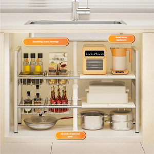 Étagère <span class=keywords><strong>de</strong></span> rangement multifonctionnelle pour cuisine, en acier inoxydable épaissi, extensible, double couche, imperméable, à poser sous l'évier, sur le comptoir - Product Image 4
