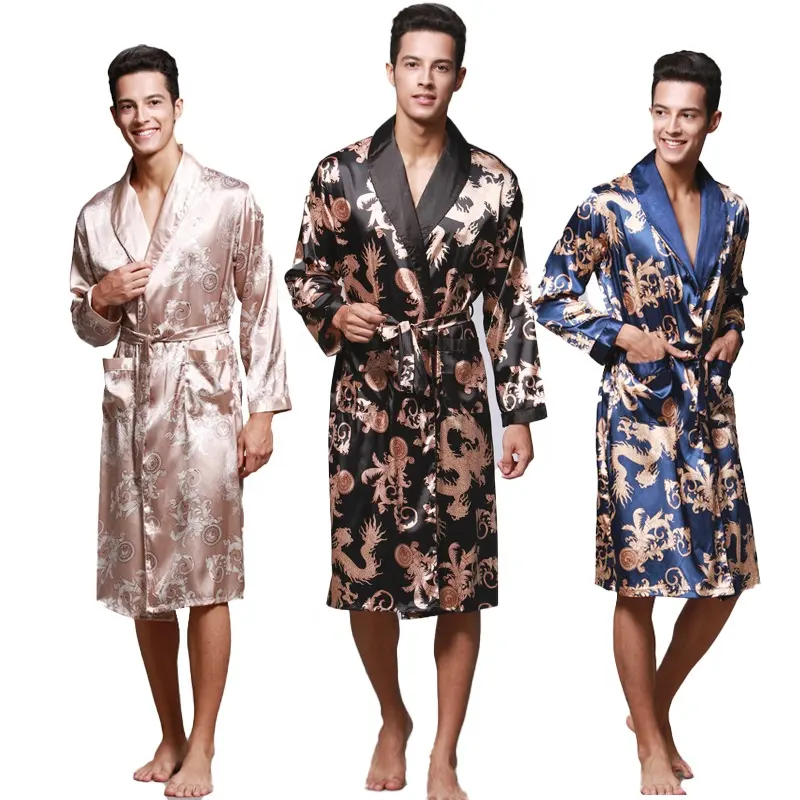3 Pcs/Set Men's Bathrobe Silk pajamas Man's spring and summer Dragon Robe printed Silk Household clothes 3 piece Set Men's Night