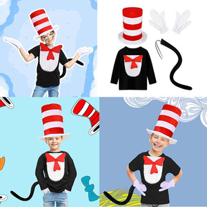 Serre-tête unisexe Dr Seuss avec oreilles de <span class=keywords><strong>chat</strong></span>, chapeau rouge à visière, queue et gants à nouer – Ensemble d'accessoires de costume de cosplay, cadeau de fête, déguisement - Product Image 4