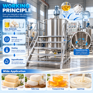 Petit réservoir de saponification pour usine de savon, destiné à la fabrication de savon de base à partir d'huiles végétales avant les opérations de formage de barres de savon. - Product Image 1