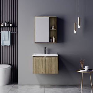 קיר סיטונאי המפעל רכוב קטן עץ לבוד אמבטיה צף היהירות עם אגן קרמיקה ומראה - Product Image 2