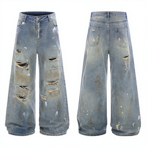 Men's American Distressed New Fashion Brand Trendy <b>Boot</b> Cut <b>Knitted</b> Craft Beaded Loose Straight Ripped Spring Denim Trousers - Product Image 5