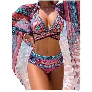 2023 Bohemia breathable rainbow twist top floral sexy women bikini with mesh cover up