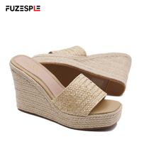 Sandales espadrilles pour femme à bout carré, talon compensé haut, plateforme, semelle épaisse antidérapante, dessus en paille, semelle extérieure en caoutchouc, été