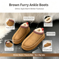 Bottines d'hiver pour femmes, style rétro, plateforme, col tissé ethnique, doublure chaude et moelleuse, semelle antidérapante, bottes décontractées