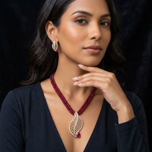Brass Gold Plated <b>Ruby</b> Beaded <b>Necklace</b> Earring Set Leaf Pendant Cubic Zirconia Choker Indian Wedding Jewelry for Women - Product Image 1