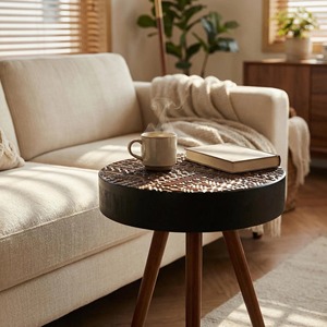 15.7-inch <b>Round</b> Coffee <b>Table</b> with Carved Top Eco-Friendly Living Room Furniture for <b>Small</b> Spaces Modern Accent Nightstand - Product Image 2