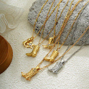 Waterproof Non Tarnish <b>Jewelry</b> 316L Stainless Steel Base 14k 18k PVD Gold Plated Charm Zircon Cowboy <b>Boot</b> Necklace for Women - Product Image 1