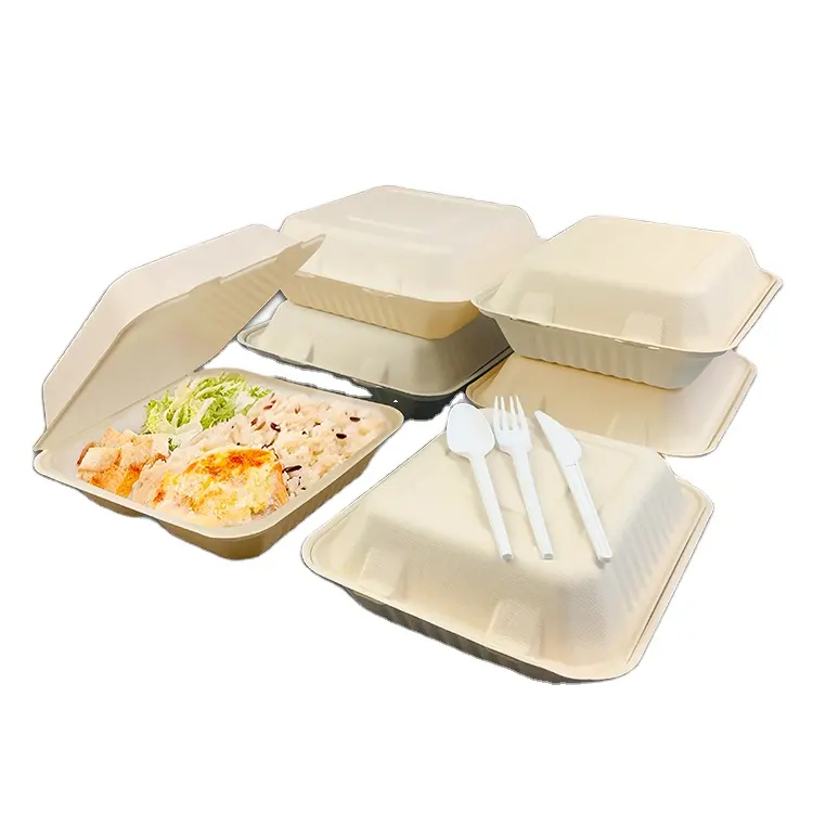 Bagaço Clam Shell Compartimento Bento Caixa de Papel para Embalagens De Alimentos Biodegradável Takeout Takeaway