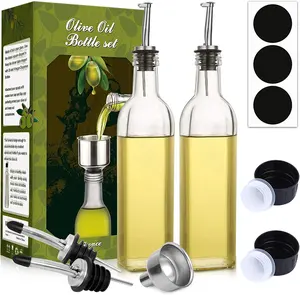 Dispensador de aceite de oliva de vidrio, juego de botellas de 500ml, vinagrera transparente con vertedores, embudo y etiquetas, aceite de oliva, 17 oz