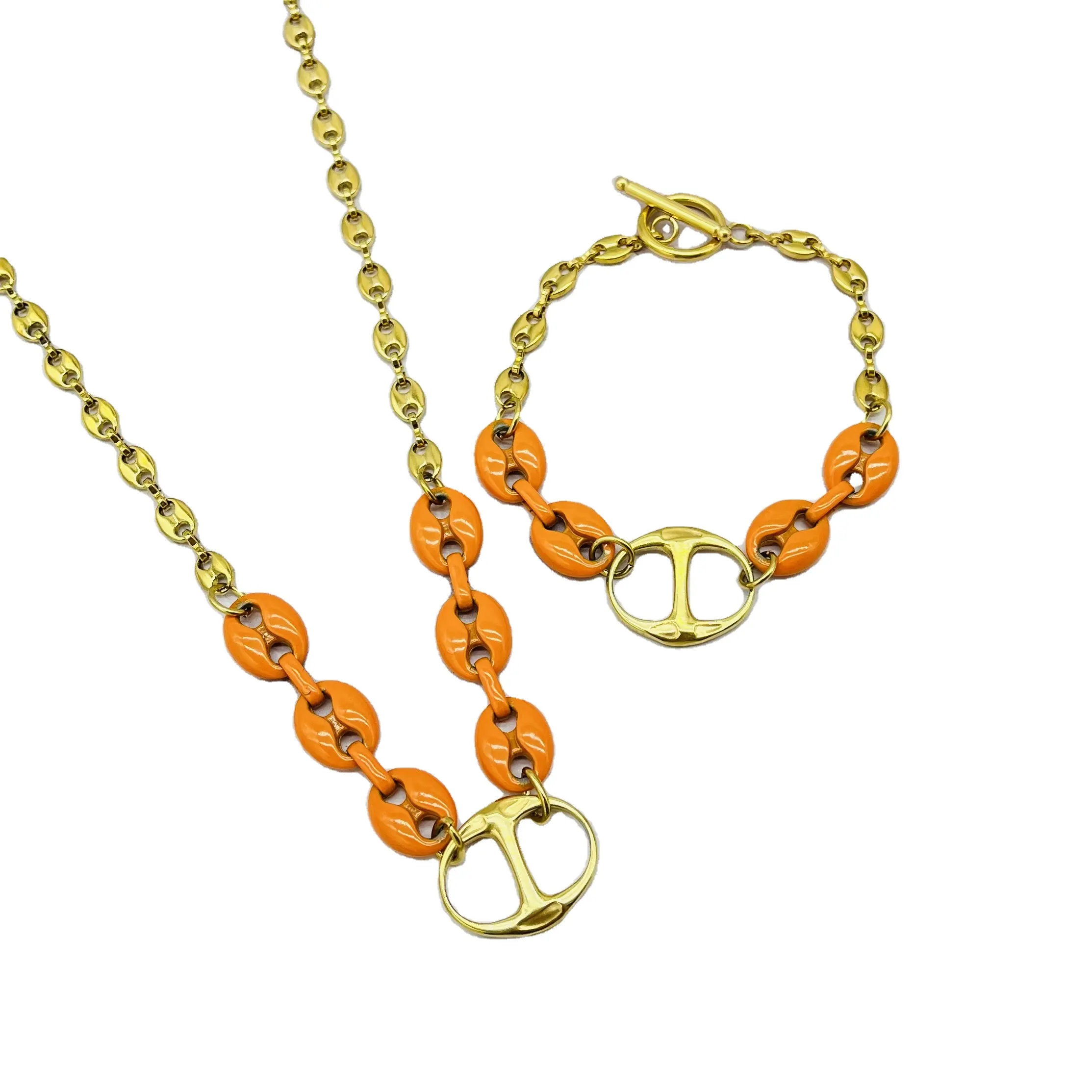 HC New Ladies Orange Pig Nose Necklace Coffee Bean Bracelet Stainless Steel Jewelry Sets Dubai 18k Solid Gold Indian Bridal
