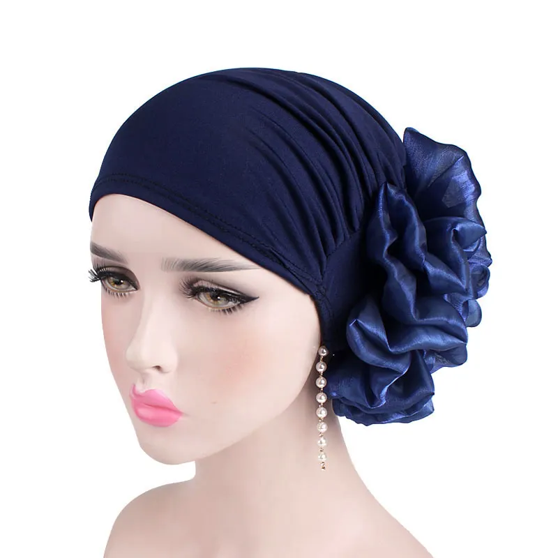 Vente en gros, solide, élastique, à la mode, luxe 3D, grande fleur, Bonnet élégant, Turban africain, femmes musulmanes, Hijab, chapeau, Bandana