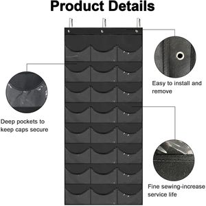 <b>Hat</b> Rack 24 Pocket Over Door Organizer With Hooks For Baseball Caps Clear Pockets Wall Mount Storage Black - Product Image 3
