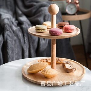 ขาตั้งขนมหวานไม้ทรงกลม ถาดไม้เนื้อแข็งสองชั้นสำหรับจัดเก็บขนมปาร์ตี้และขนมอบ ชั้นวางโชว์สีธรรมชาติ - Product Image 1
