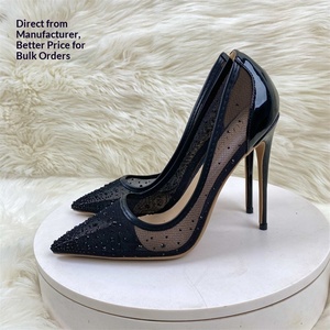 Venta al por mayor transfronteriza de comercio exterior: Nuevos tacones de aguja con punta, estilo europeo-americano, de malla negra, sin cordones, de 12CM/8CM de altura. - Product Image 1