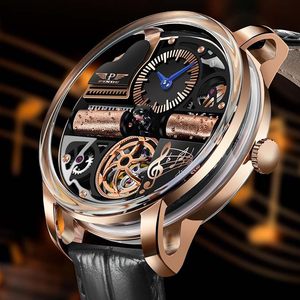 Jam Tangan <span class=keywords><strong>Analog</strong></span> Mekanis Otomatis Pria Seri Musik, Trendi Kasual, Casing Baja Tahan Karat, Kulit Asli - Product Image 1