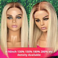 Perruques Courtes Bob en Cheveux Naturels Indiens Pré-Pluckées, Lisses, Transparents, avec Dentelle Frontale Complète, Couleur 1B 613 Blonde, pour Femmes Noires