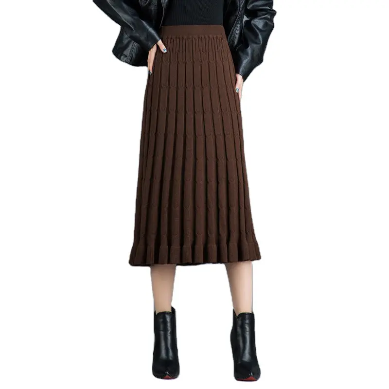 New long women's knitted pleated skirt mid length spring autumn thick high waist A-line knitted skirt
