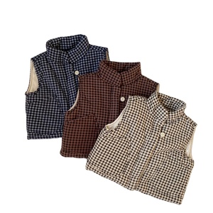 Gilet en coton à carreaux avec grandes poches pour enfants, gilet <span class=keywords><strong>sans</strong></span> manches en coton avec boutons pour garçon et fille, veste à capuche - Product Image 1