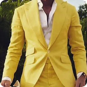 Trajes de moda para hombre, trajes de fiesta para boda, chaqueta para novio, esmoquin, traje Delgado, pantalones de abrigo de 2 piezas, color amarillo