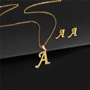 RINHOO – <span class=keywords><strong>Collier</strong></span> et boucles d'oreilles tendance en acier inoxydable avec initiales A-Z, ensemble de bijoux, pendentif lettre alphabet, accessoires de chaîne, cadeau - Product Image 2