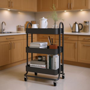 3 Tier Steel Trolley 16.9x13.4x31.1 In <b>Kitchen</b> <b>Storage</b> Cart Modern Design Freestanding With Wheels - Product Image 2