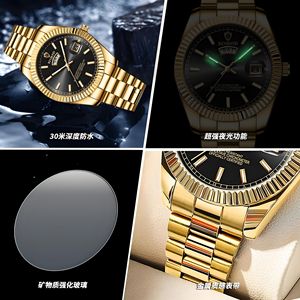 Reloj de Cuarzo de Lujo para <span class=keywords><strong>Hombre</strong></span>, Dorado, 40 mm, Bisel Estriado, Fecha, Doble Pantalla, Luminoso, Resistente al Agua 30 m, Acero Inoxidable - Product Image 4
