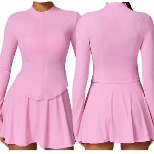 Conjunto de Yoga de 2 Piezas para Mujer, Body de Manga Larga con Cuello Alto, Falda de Cintura Alta, Color Sólido, Transpirable, Spandex, Poliéster, Ropa Deportiva - Product Image 2