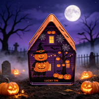 Boîte artisanale fantaisie en fer blanc de qualité alimentaire en forme de maison LUCKY TIN, imprimée offset avec pelliculage brillant pour Halloween et Noël