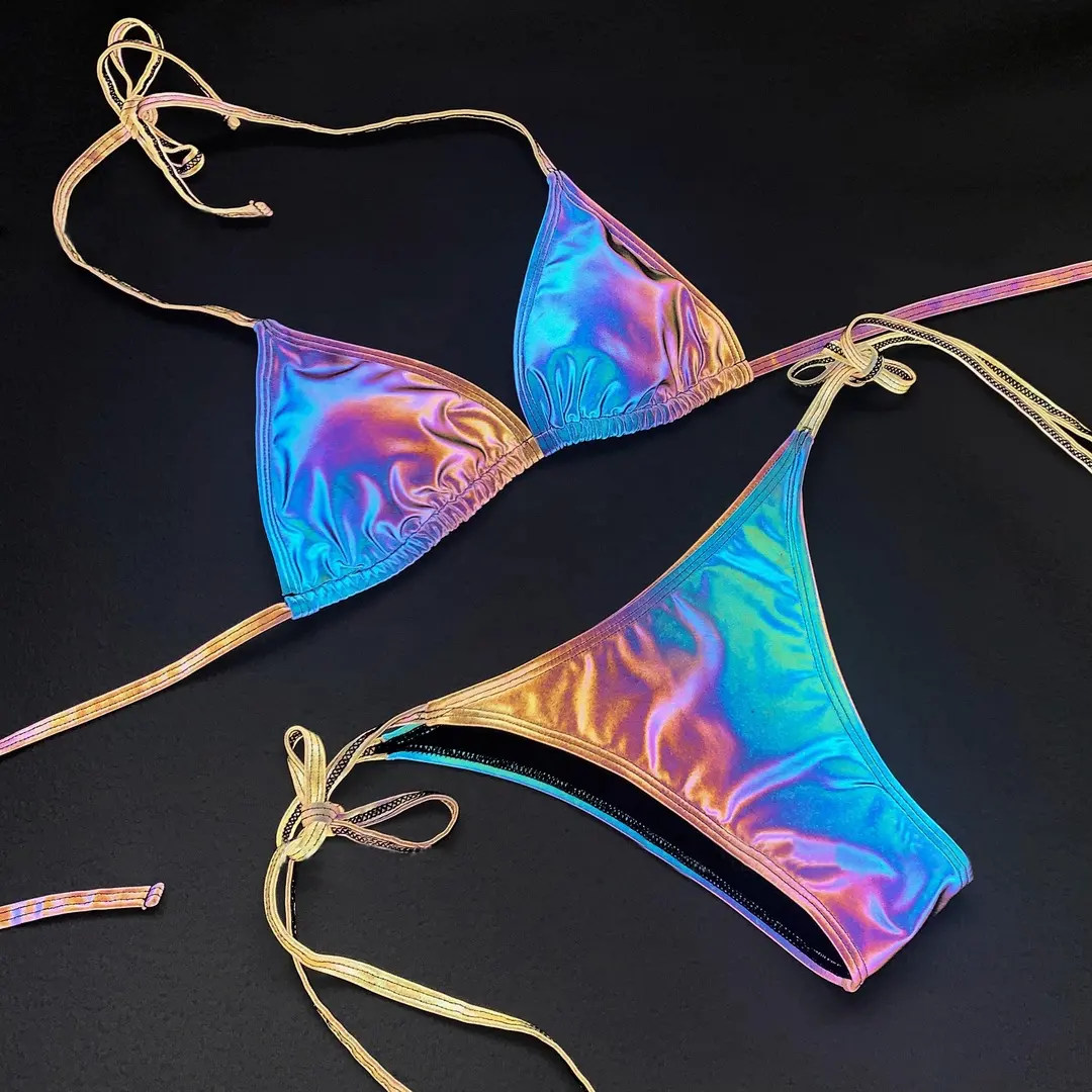 Óng ánh phản quang vải chuỗi Bikini Set đồ bơi cho phụ nữ 2024 bikini đồ bơi sexy Micro thong bãi biển mùa hè sản phẩm