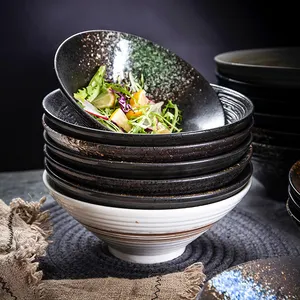 Grand bol noir en porcelaine de 7, 8, 9, 10 pouces pour soupe aux nouilles, bol de service en céramique de Style japonais, ensemble de bols pour Ramen