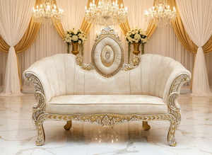 Sofá/Trono de Lujo Moderno para Ceremonia de Boda, Sofá/Couch con Corona para Boda Asiática, Dorado Pulido y Tallado - Product Image 4