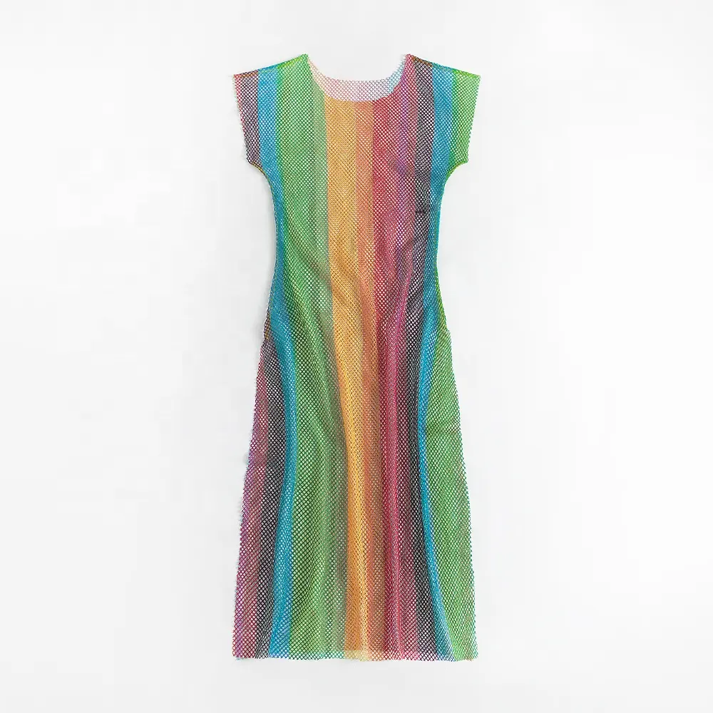 Gökkuşağı colorblock casual bodycon fishnet beach tatil elbisesi