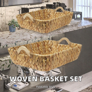 Cestas de Almacenamiento Grandes Tejidas a Mano Modernas con Asas de Madera, Paquete de 2, Cestas Organizadoras Plegables de Jacinto de Agua - Product Image 2